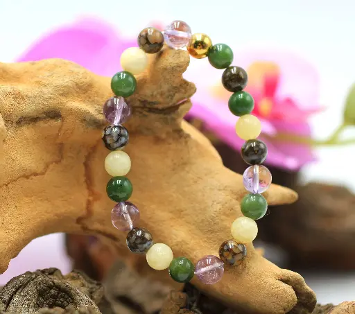 Bracelet en perles 8mm en Amétrine, Calcite orange, Jade néphrite, Opale brune