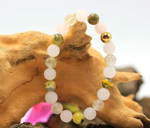 Bracelet en perles 8mm en Jaspe bourdon, Quartz rose mat, Quartz rutile