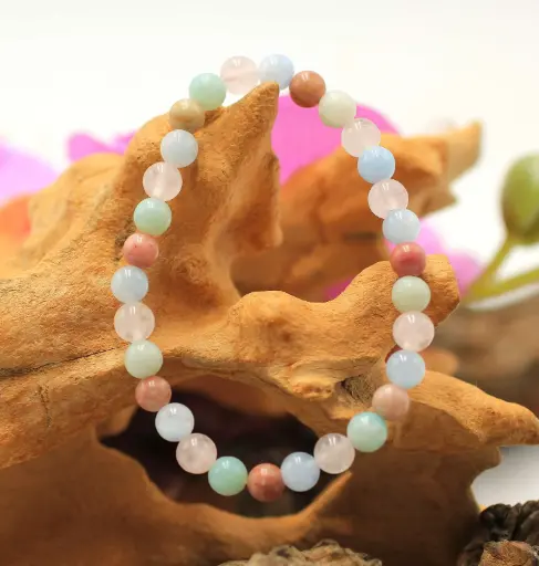 Bracelet en perles 6mm en Aigue-marine, Amazonite, Quartz rose, Thulite
