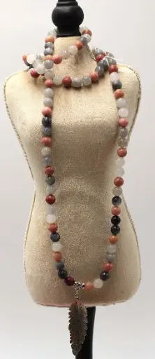 Mala en perles 8mm Agate grise et Rhodonite