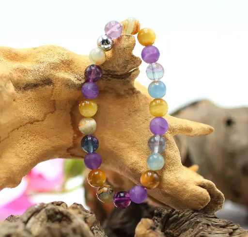 Bracelet en perles 8mm en Améthyste matte, Fluorite multicolore, Calcite bleue sur gangue et Œil de tigre doré